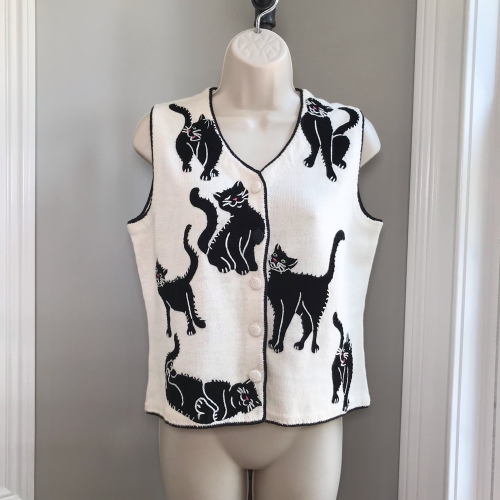 Vintage Michael Simon Black Cat Halloween Sweater Vest ~ Women’s Small